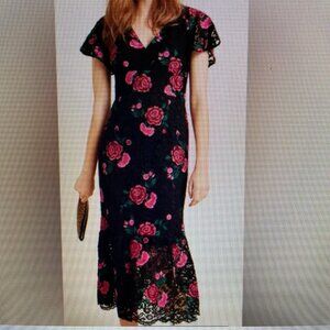 Shoshanna Anthropologie "Audette" Rose lace midi dress